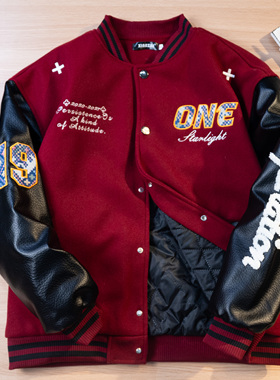 高街痞帅红色棒球服夹克男冬季潮牌夹棉刺绣外套美式休闲情侣上衣