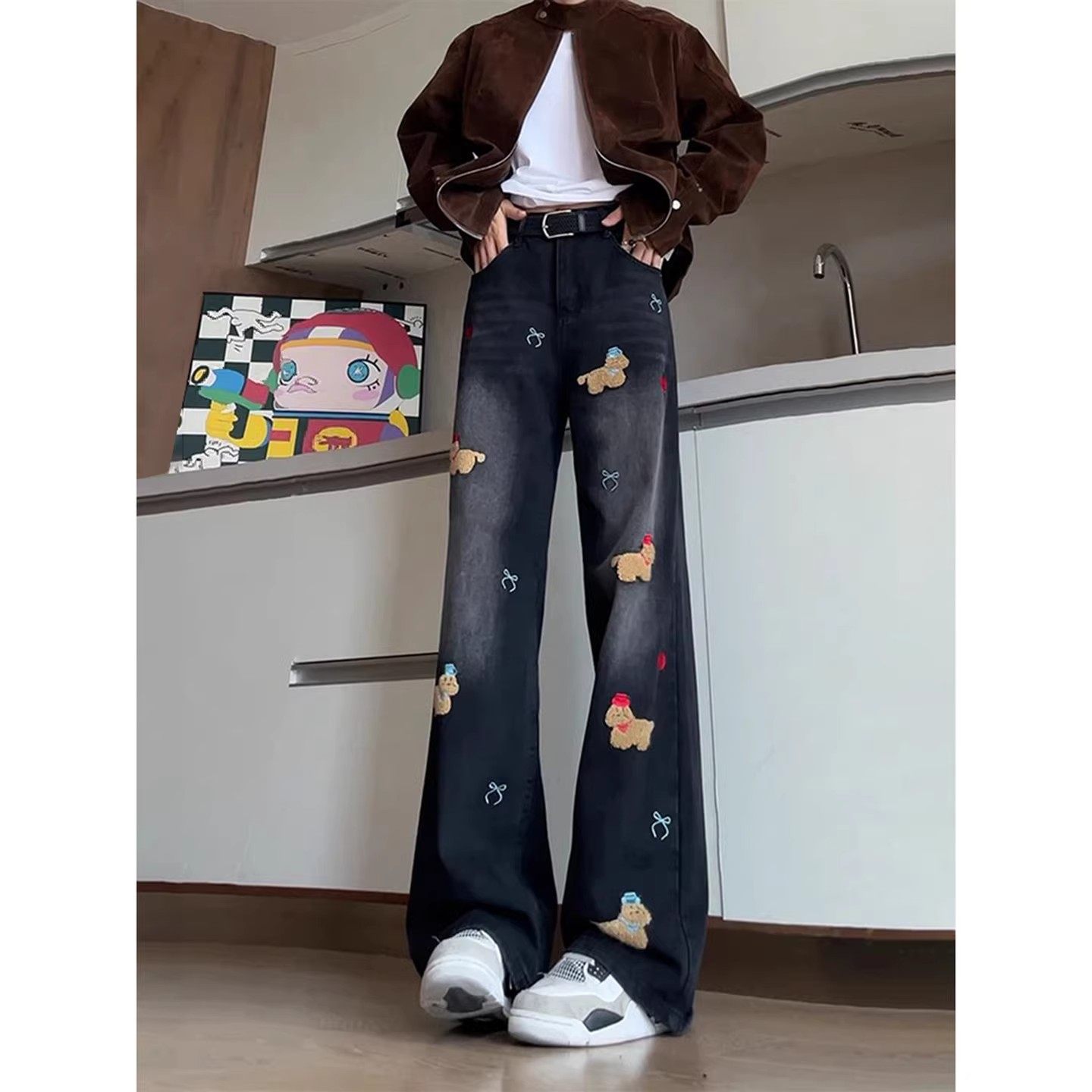 美式小狗刺绣牛仔裤男潮牌痞帅直筒微喇裤子黑灰色宽松显瘦阔腿裤,男装,牛仔裤,淘宝优惠券,粉丝福利购,淘宝优惠卷