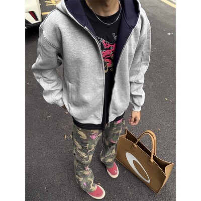 潮牌美式重磅双拉链开衫连帽卫衣男秋季休闲宽松百搭撞色情侣外套