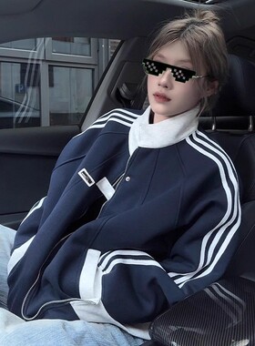 藏青色三条杠立领外套男秋冬痞帅解构加绒棒球服美式运动情侣夹克