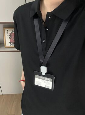 纯黑色短袖polo衫男女夏季高级感痞帅翻领t恤美式正肩五分袖上衣