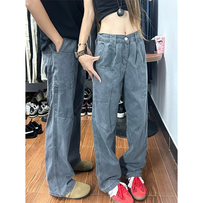 深灰色美式复古直筒工装裤男潮牌高街裤子cleanfit微喇水洗牛仔裤