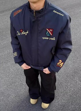 美式复古刺绣徽章棒球服外套男春季新款小众情侣百搭立领飞行夹克