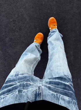 cleanfit浅蓝色闪电纹牛仔裤男款美式高街vibe裤子水洗直筒微喇裤