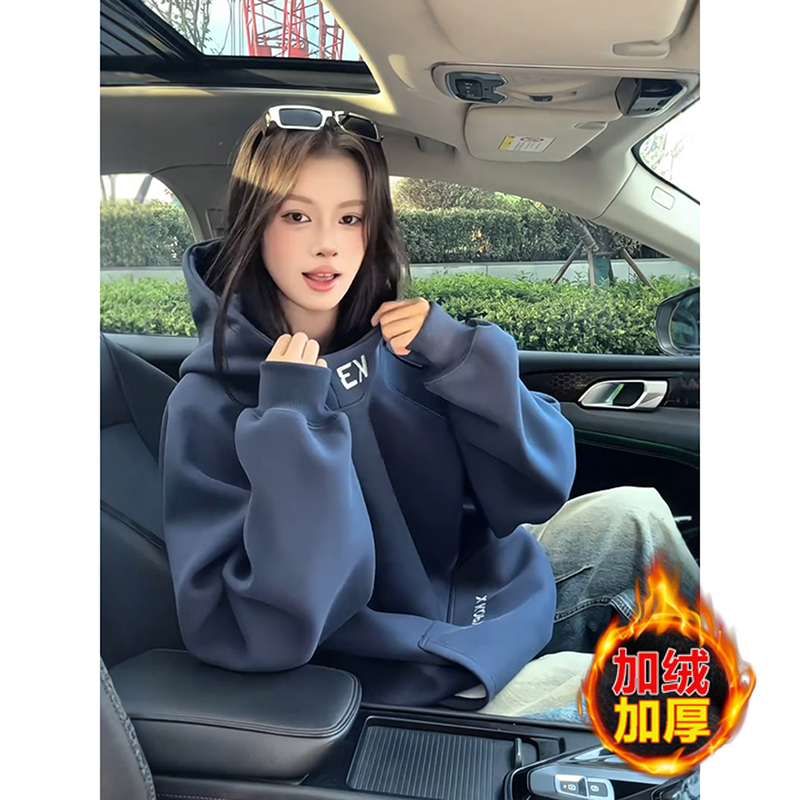 藏青色高领连帽卫衣男女秋冬季套头加绒加厚上衣美式宽松刺绣外套