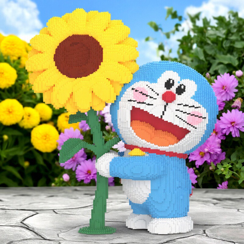 哆啦a梦向日葵积木玩具摆件