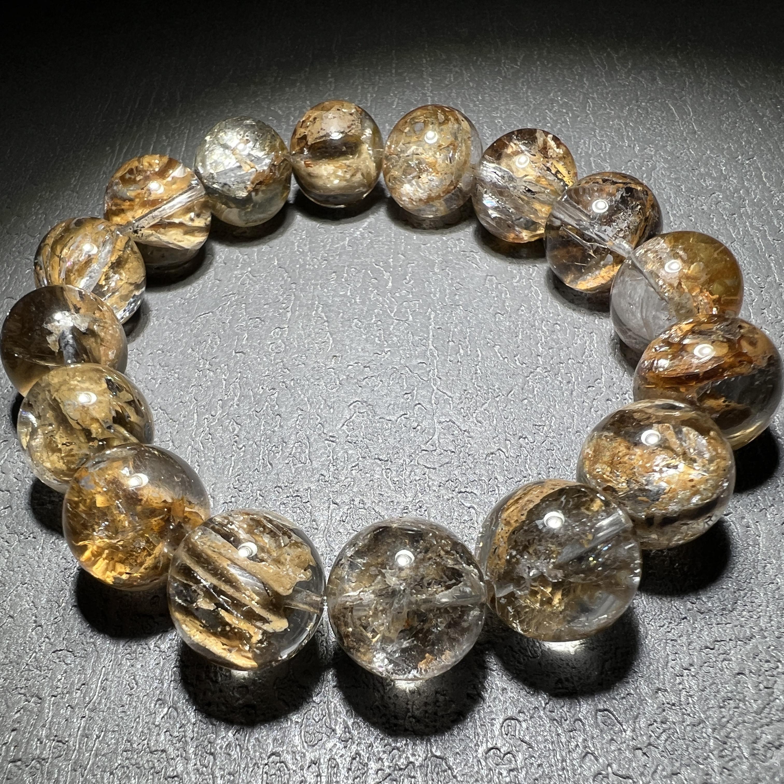 【大漠孤烟】稀有高闪透彩虹 天然黄泥闪灵钻骸骨手串