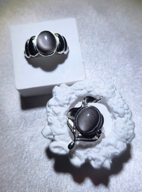 黑兔晶925银镶亮眼银曜石戒指