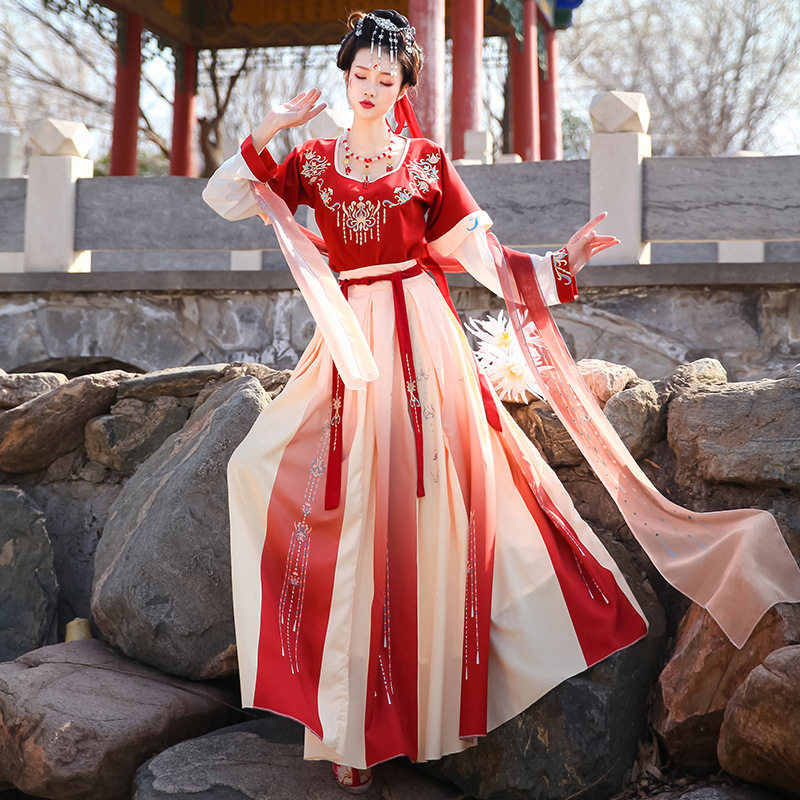 汉服女风坦领三件套超仙夏季仙气飘逸齐腰春白菜日常可穿古装国风