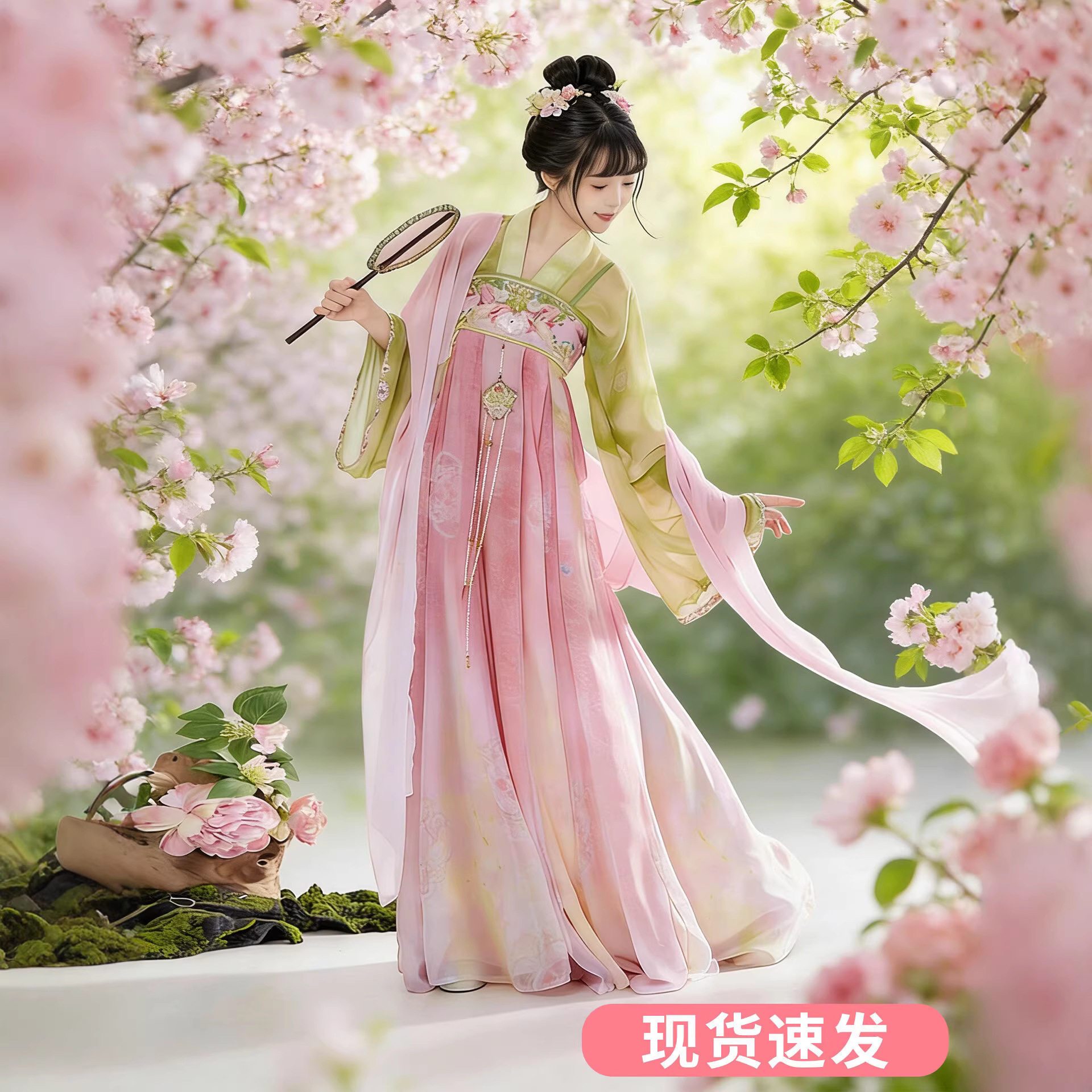 新款原创唐制汉服女成人齐胸刺绣襦粉色中国风吊带连衣裙古装日常