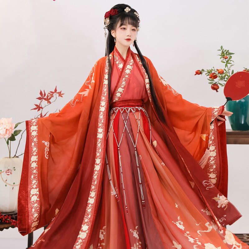 汉虞葵凤蝶汉服女原创正品中国风红色齐腰交领大袖衫古装宋制三件