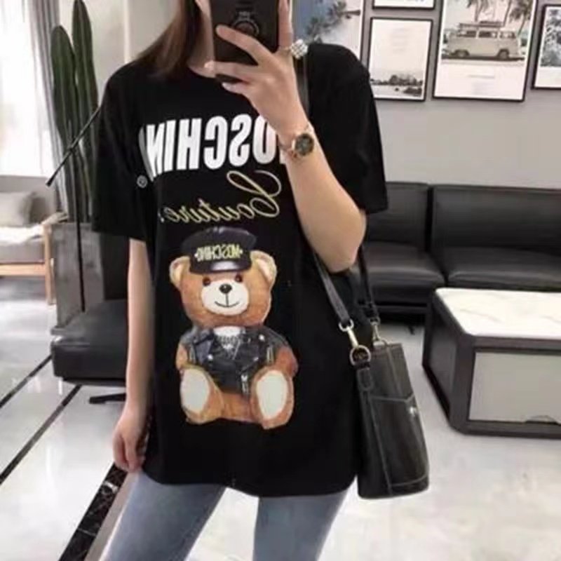 正确版25春夏皮衣小熊字母印花宽松圆领纯棉T恤短袖休闲上衣女