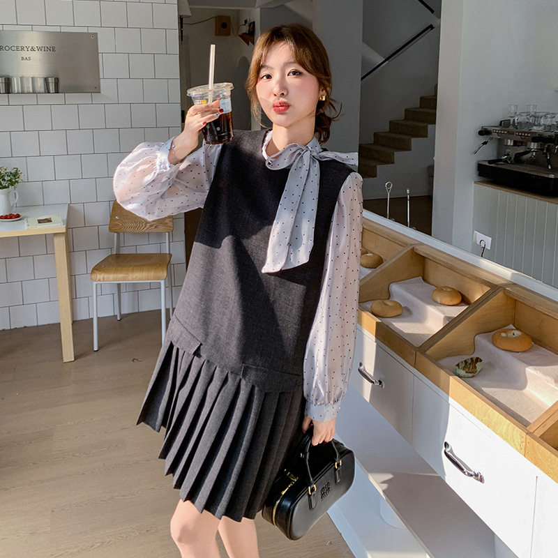 实拍韩系甜美背心连衣裙波点系带衬衫套装女春季新款小个子两件套
