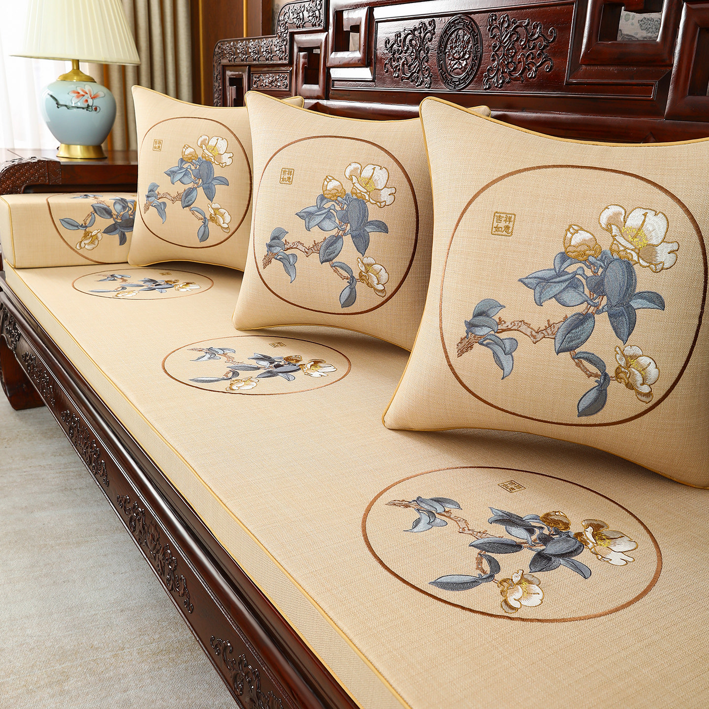 新中式红木沙发坐垫刺绣客厅家具海绵罗汉床防滑座垫四季通用定做,居家布艺,沙发垫,淘宝优惠券,粉丝福利购,淘宝优惠卷