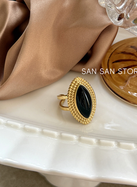 复古黑色马眼开口戒钛钢18K镀金