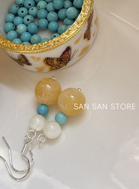 【玉翠】原创设计绿松耳环黄色圆珠新中式银针耳钩无耳洞耳夹复古