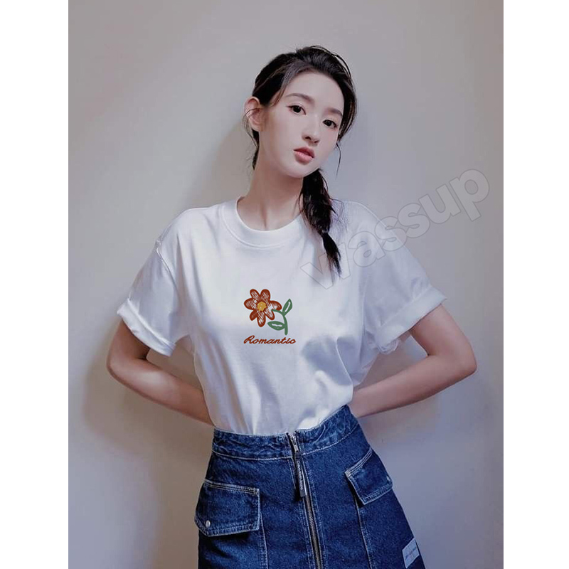 王玉雯同款花卉印花短袖t恤男女纯棉小领口落肩半袖上衣服二本针
