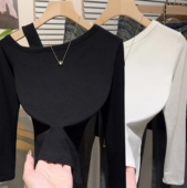T恤 露肩气质长袖 高级感黑色斜领打底衫 女秋内搭2025新设计感修身