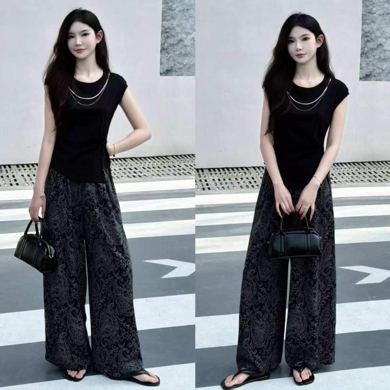 时尚休闲套装女2026夏季新款气质显瘦不规则T恤+印花阔腿裤两件套
