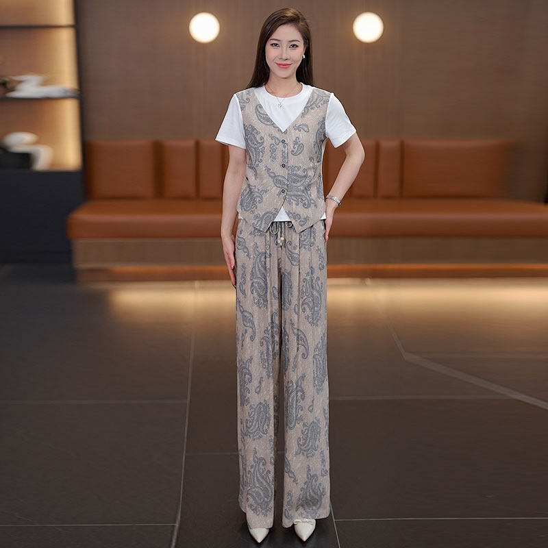 2026夏季简约时尚印花短袖上衣阔腿裤套装女薄款显瘦减龄洋气百搭