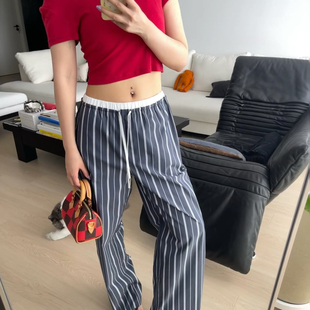 现货RARELY正确版轻松条纹宽松直筒裤休闲裤 藏蓝条纹/白色条纹女