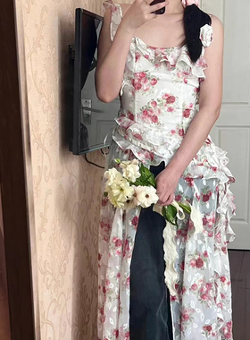 seooocookie 24春夏款设计师纯欲花朵吊带背心开叉长裙叠穿连衣裙