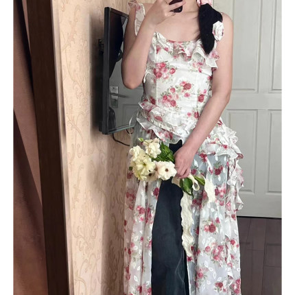 seooocookie 24春夏款设计师纯欲花朵吊带背心开叉长裙叠穿连衣裙