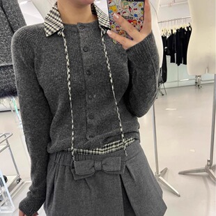 marchen 24秋冬新品设计师品牌设计感翻领系带针织毛衣弦乐部开衫