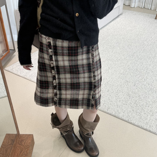 mar设计师品牌湖区开衩中裙半身裙 学院风撞色格纹裙子 25秋冬新款