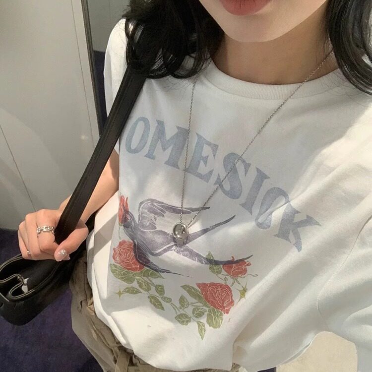 现货OPENYY玫瑰花飞燕印花T恤