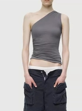 现货高品质RARELY宋轶同款2024夏季新款弹力修身抽褶单肩背心百搭