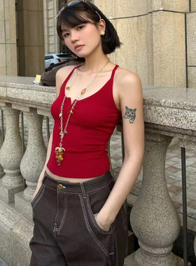 现货RARELY基础款门襟纽扣遮副乳工字背心吊带女红色/南瓜色/咖色