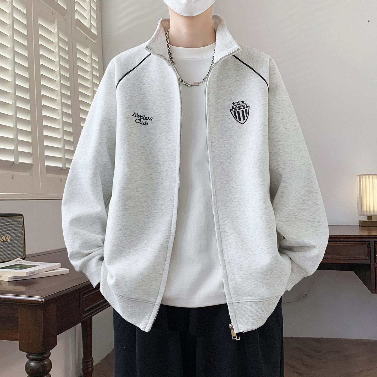 休闲运动风立领夹克男春秋款拉链卫衣开衫青少年男装百搭宽松外套