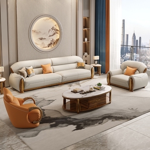 联邦家具新中式 全实木组合 乌金木真皮沙发现代轻奢小户型客厅美式