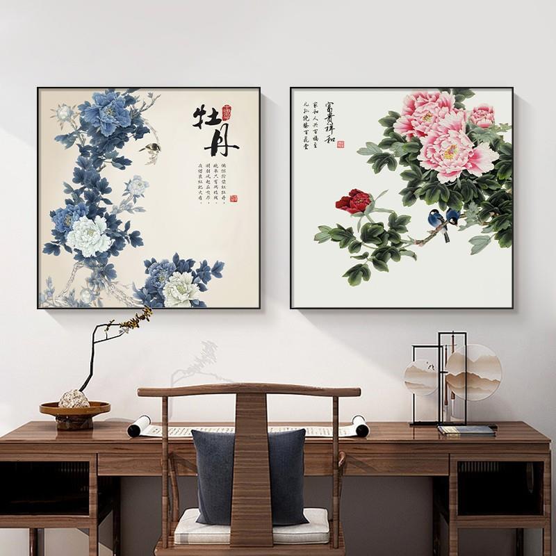 牡丹花挂画正方形玄关装饰画客厅入户玄关新中式餐厅花开富贵壁画图片