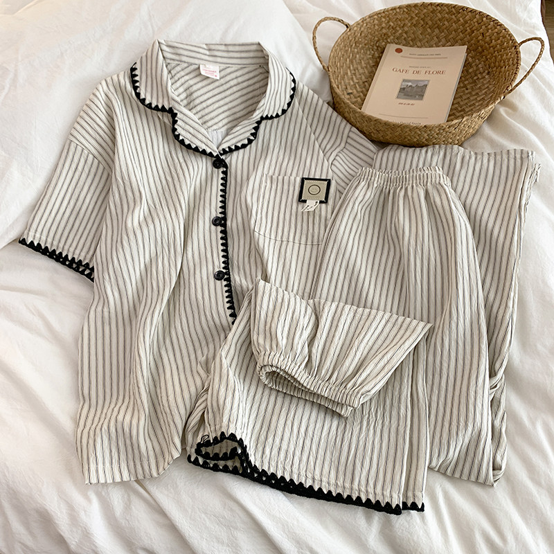 云朵棉男女生韩版新款条纹情侣睡衣三件套2026夏季休闲家居服套装