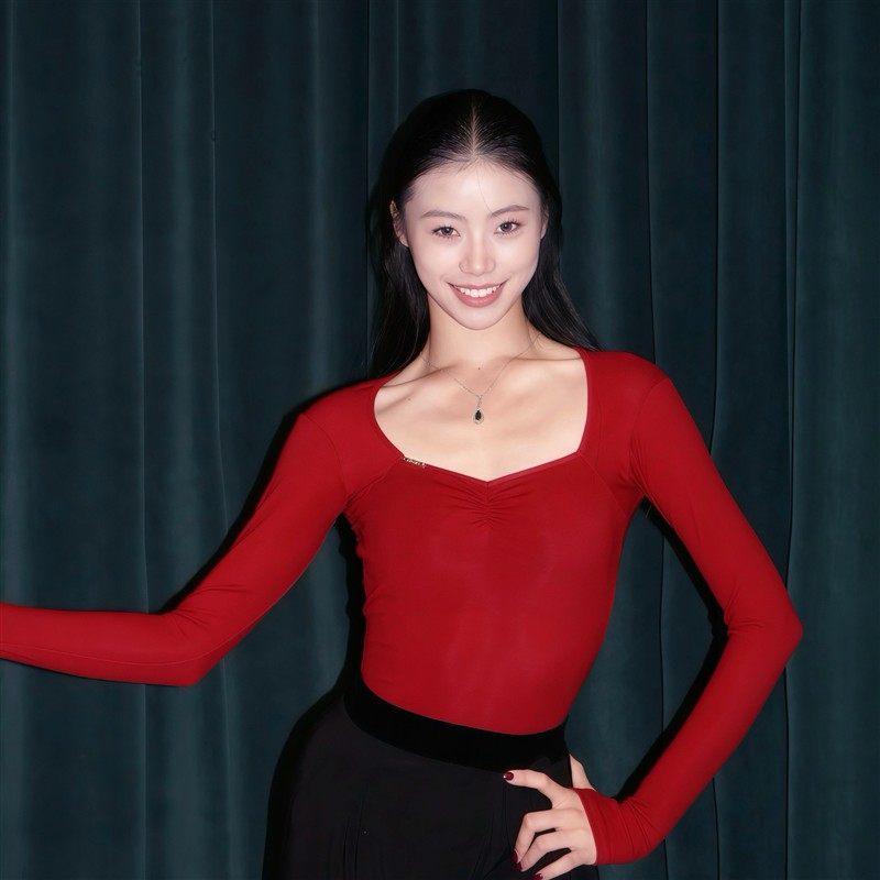 舞服桃心领长袖上衣含胸垫舞蹈服拉丁b摩登练功服女士成人