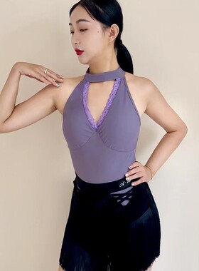拉丁舞紫色挂脖连体衣蕾E丝拼接美背弹力镂空设计流苏半身裙女