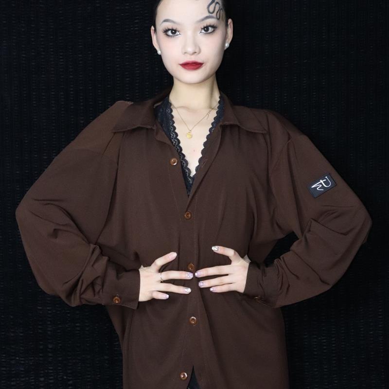 国标舞服蕾丝花边露e背衬衫女士黑色棕色宽松舞服练功服表演舒适