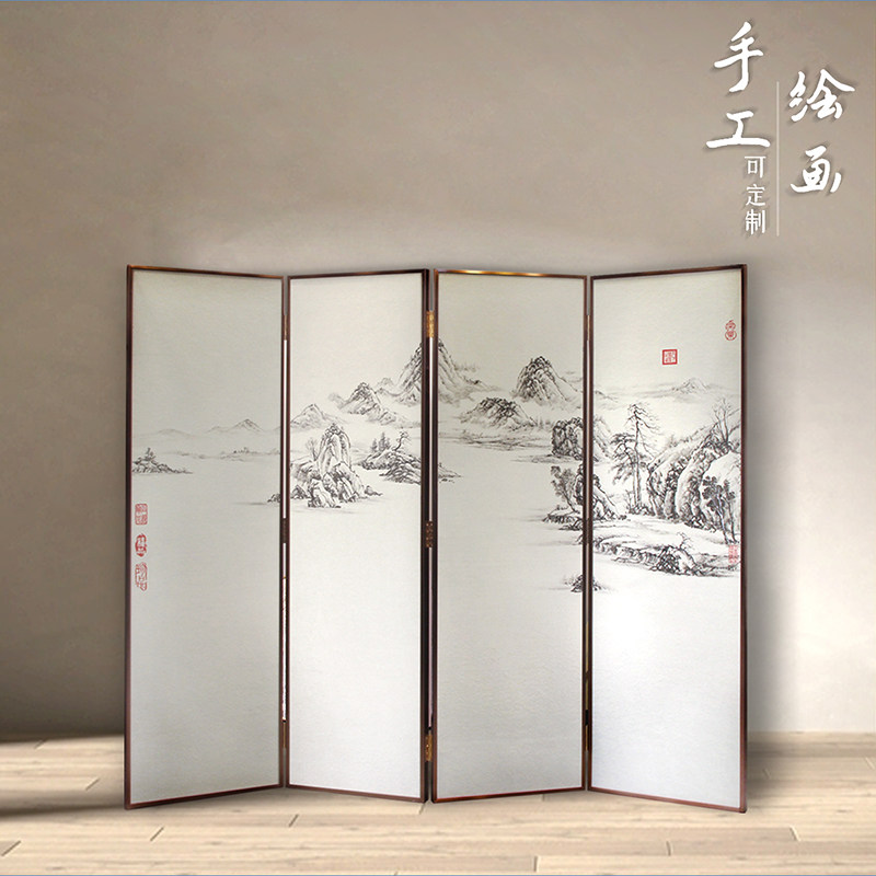 新中式手绘山水画屏风隔断竹子六扇屏风折叠国风酒店客厅玄关装饰