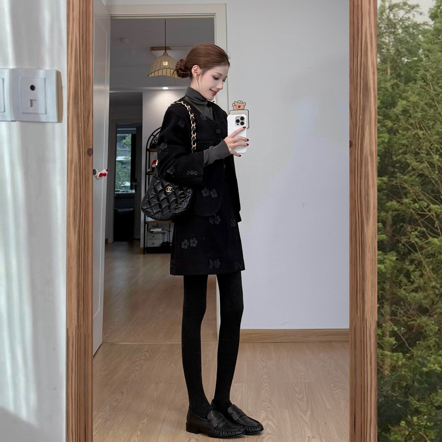 高智感老钱风大方得体穿搭一整套秋冬复古黑色毛呢外套半裙两件套