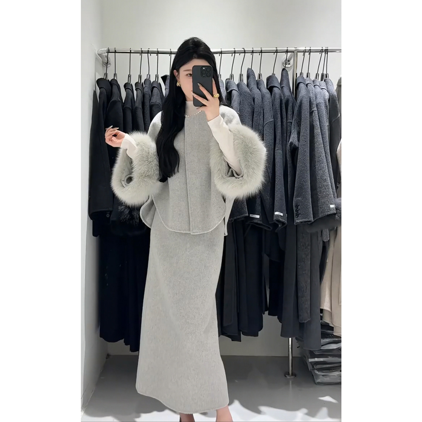 富家千金小香风大方得体穿搭一整套秋冬灰色毛呢外套半身裙两件套