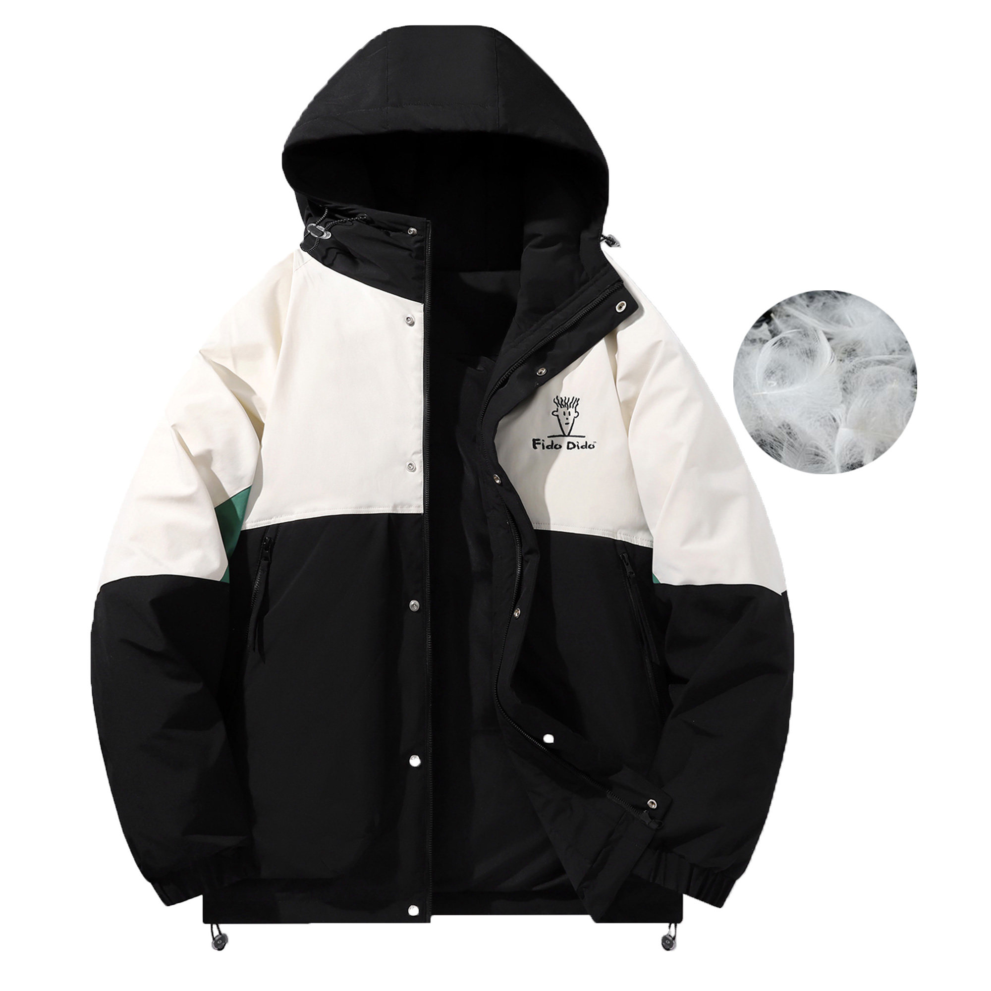 FIDODIDO90鸭绒户外撞色刺绣拼接加绒加厚防寒保暖连帽时尚羽绒服