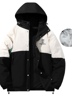 FIDODIDO90鸭绒户外撞色刺绣拼接加绒加厚防寒保暖连帽时尚羽绒服