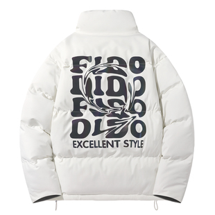 FIDODIDO镭射扭曲字母印花宽松加绒加厚保暖立领防风面包棉服外套
