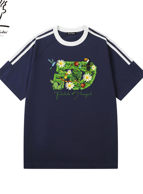 FIDO DIDO 美式复古条纹植物花卉LOG0印花套头纯色重磅短袖T恤