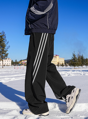 FIDO DIDO 黑色条纹直筒休闲裤男青少年加绒裤子阔腿垂感男裤冬季