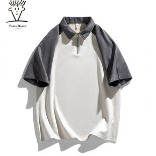 校园风撞色拼接翻领宽松休闲麂皮绒短袖 FIDO POLO衫 夏季 T恤 DIDO