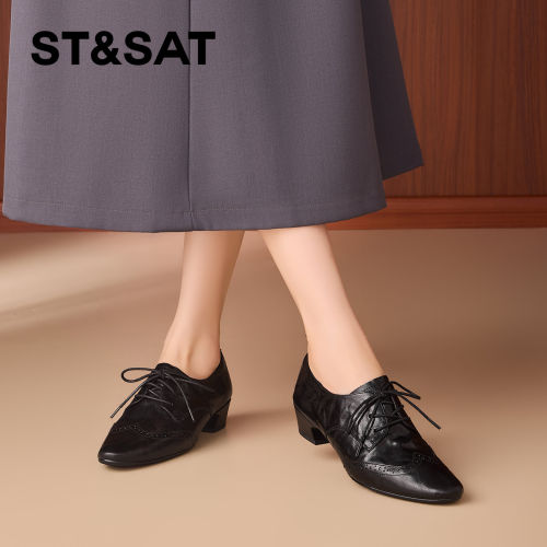 St&Sat/星期六真皮复古系带乐福鞋女秋圆头黑色通勤深口粗跟单鞋