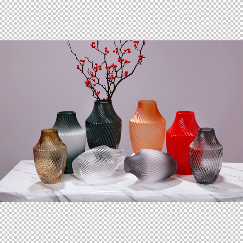 新款轻奢高端螺纹彩色玻璃鲜花干花插画器皿客厅卧室摆件装饰图片